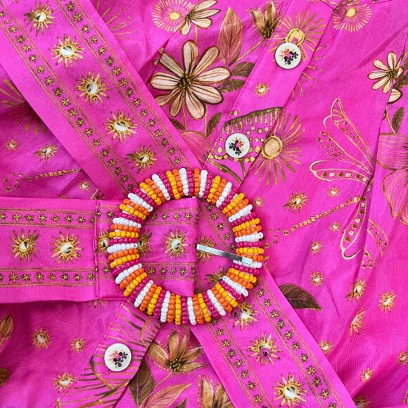 NWOT Farm Rio x Anthropologie Beaded Belt Puff Sleeve Pink Mini Dress Sz M - Picture 5 of 12